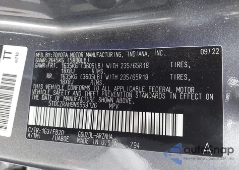 2022 Toyota Highlander L из США, поврежденный, VIN 5TDCZRAH9NS559126